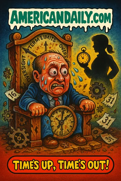 David Sacks caricature on clock-throne, calendar pages flying, Warren silhouette with stopwatch, banner AMERICANDAILY.COM, caption Time's Up, Time's Out!