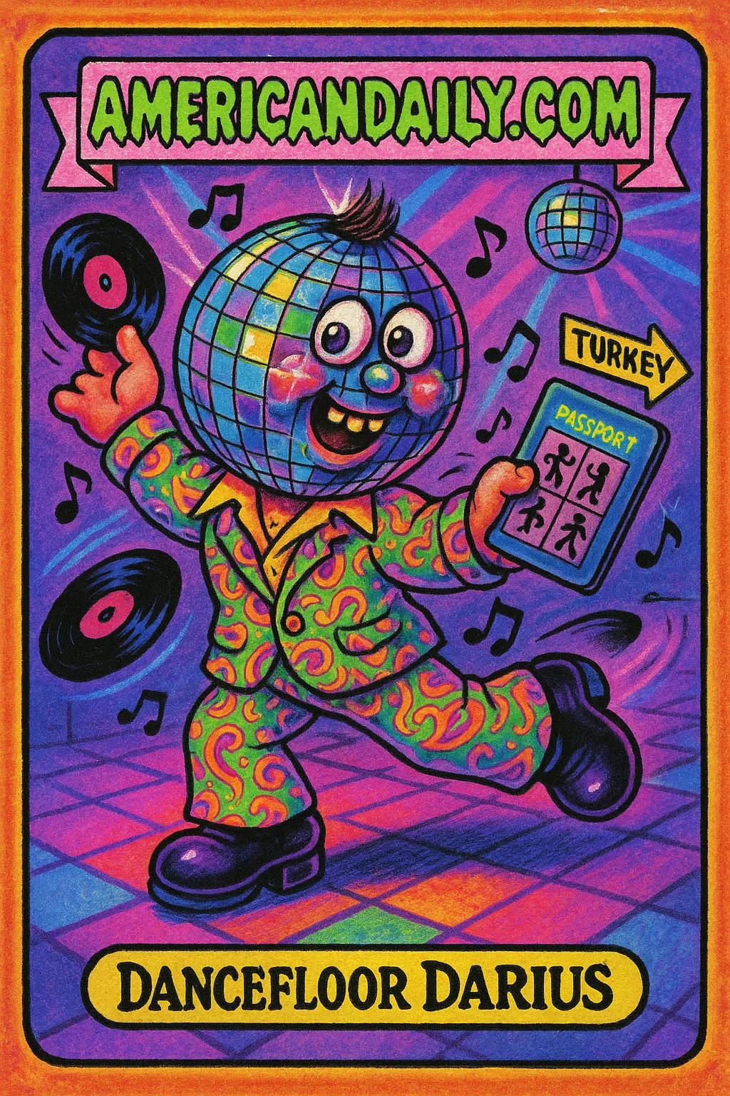 A satirical trading card of 'Dancefloor Darius', an Iranian disco dancer with a disco ball head and wild expression, reflecting the joy of cultural freedom at Turkey's border disco.