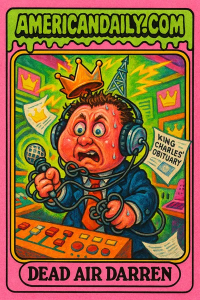 A cartoonishly grotesque radio announcer named Dead Air Darren, panicking amidst a chaotic radio station set with a crown tipping off his head.