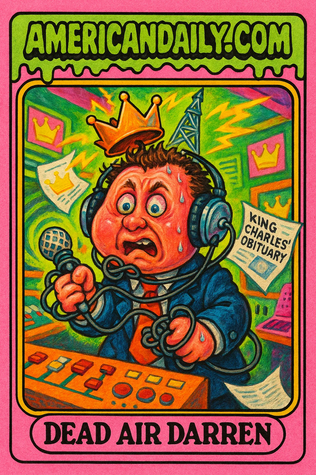 A cartoonishly grotesque radio announcer named Dead Air Darren, panicking amidst a chaotic radio station set with a crown tipping off his head.