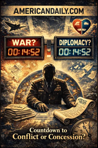 Poster-style trading card with a central strategist figure between two giant countdown clocks labeled "WAR?" and "DIPLOMACY?", a glowing globe of the Middle East, and symbolic silhouettes of a bomber, negotiation docs, a divided citizen, and a clock; bold text reads "Countdown to Conflict or Concession?".