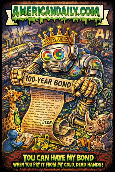 Cartoonic trading card of a giant Google android overlord clutching a century debt scroll, with investor animals drooling, captioned "YOU CAN HAVE MY BOND..." and slime-dripping headline.