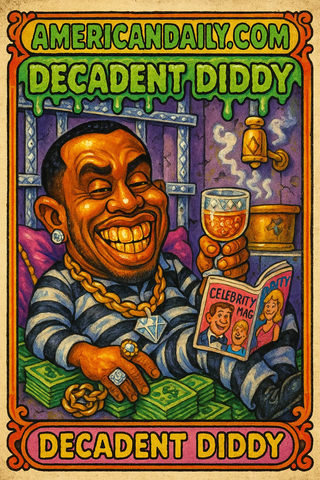 A trading card featuring 'Decadent Diddy' in a luxury-laden prison setting, sipping Hennessy as he relaxes amidst absurd opulence.