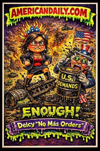 A Garbage Pail Kids-style cartoon of Venezuela's acting president defying a frantic Uncle Sam over oil, with an "AMERICANDAILY.COM" slime banner.