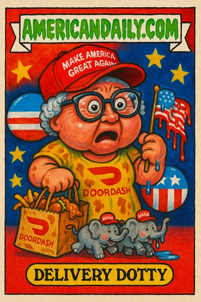 A grotesque elderly woman named 'Delivery Dotty' with a huge MAGA hat and DoorDash attire, surrounded by an exaggerated political rally with little elephants.