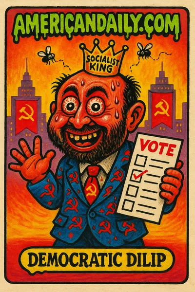 A caricatured trading card of a politician with oversized head and socialist iconography, set against the NYC skyline with comical elements.