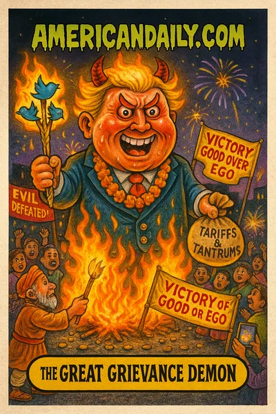 Parody trading card: a massive Trump-like effigy with flaming orange hair and devil horns burns at an Indian festival, surrounded by villagers cheering, fireworks bursting, and banners reading "Evil Defeated!" Top banner: "AMERICANDAILY.COM."