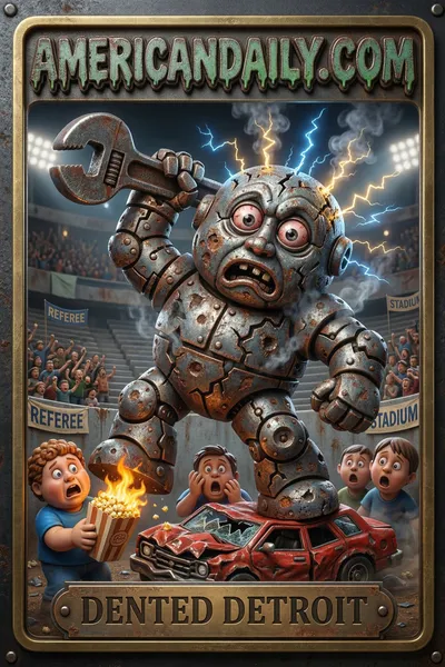 Trading card illustration of a grotesque, malfunctioning robot in a chaotic arena, swinging a massive wrench with sparks flying. — 3D version