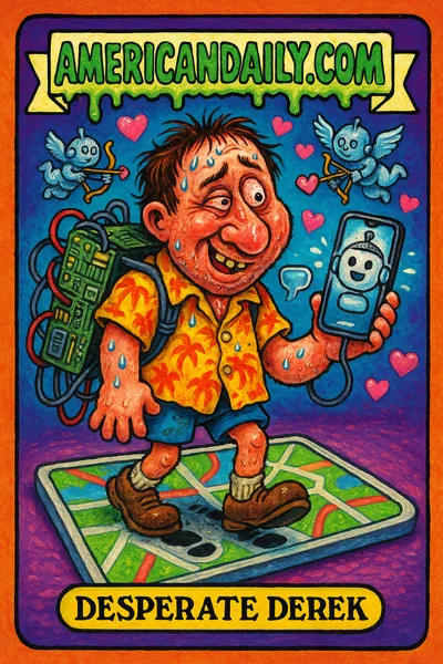 A grotesque man with a backpack made of circuit boards, standing on a GPS map, holding a phone with a chatbot face. Background of digital hearts.