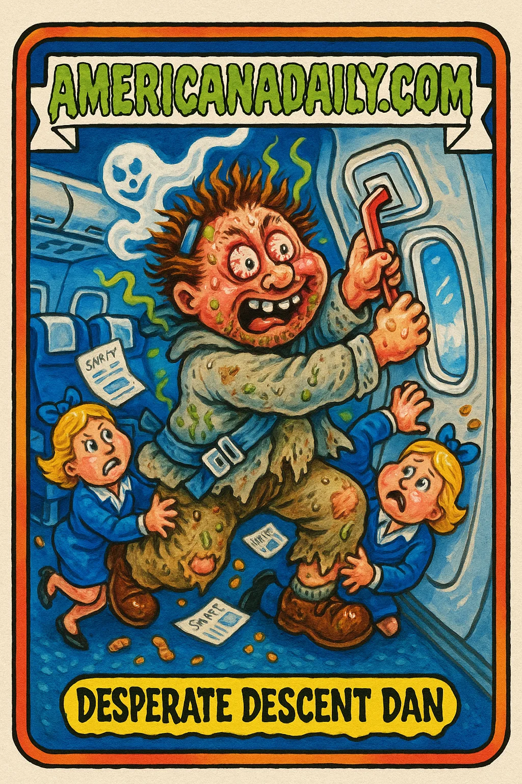 A cartoonish trading card of a crazed passenger trying to open an airplane emergency exit, surrounded by flying safety brochures and peanuts.
