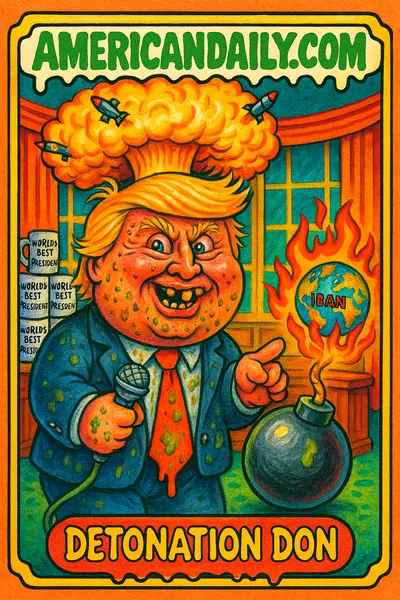 A grotesque caricature of Trump holds a ticking bomb with a nuclear explosion hairstyle, pointing at a flaming globe. The scene is satirical and chaotic.