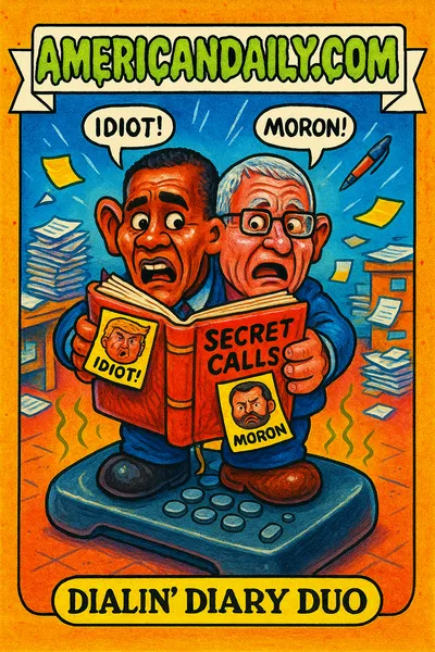 A caricature hybrid of Obama and Fauci holds an overflowing diary labeled 'Secret Calls' with exaggerated faces and speech bubbles saying 'Idiot!' and 'Moron!' amidst a chaotic newsroom background in a satirical Garbage Pail Kids style.