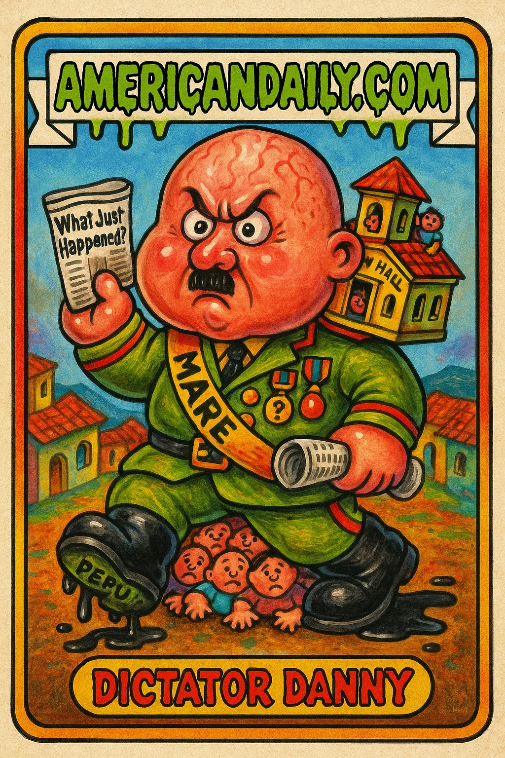 A grotesque comedic character with a mix of Hitler's and Mussolini's features, wearing a mismatched military uniform and misspelled mayoral sash.