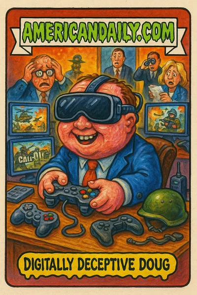A cartoon of a government official in VR goggles, with chaotic screens blending military operation footage and video game graphics.