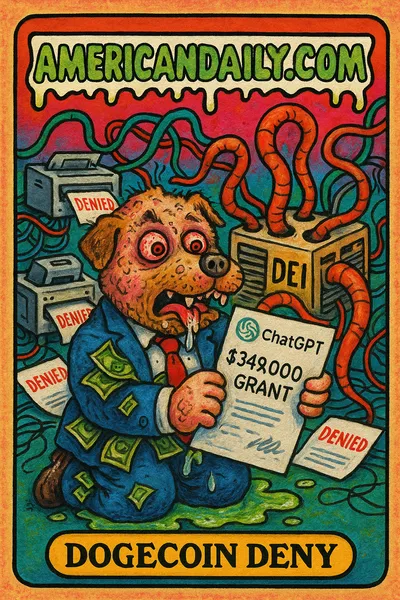 A comedic illustration of 'Dogecoin Deny', a chaotic dog character in a suit holding grant papers amidst an HVAC tangle.