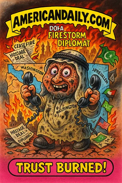 Cartoon parody of a diplomat standing before a burning Doha skyline and cracked Gulf map, holding phone cords, banner 'AMERICANDAILY.COM', caption 'Trust Burned!