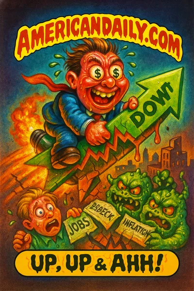 Caricature of stockbroker riding rocket with stock tickers, inflation monsters below dragging workers, banner AMERICANDAILY.COM, caption 'Up, Up & Ahh!'