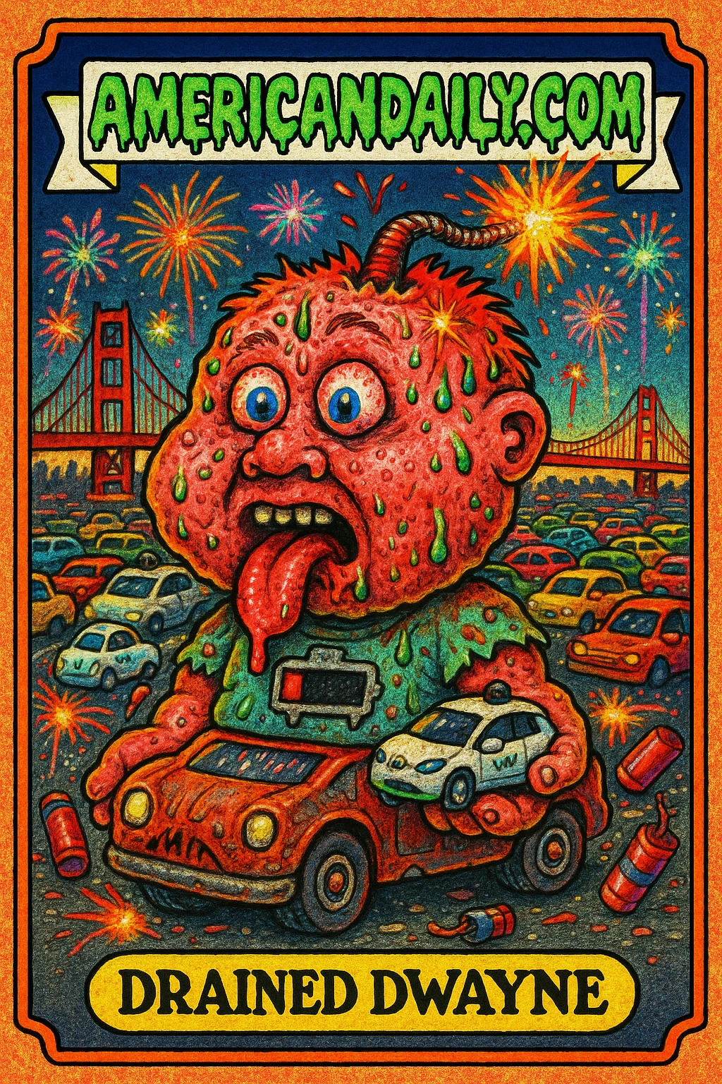 A grotesque cartoon character with an oversized head and a decrepit car body, exhausted eyes bulging, in a chaotic 4th of July scene in San Francisco.