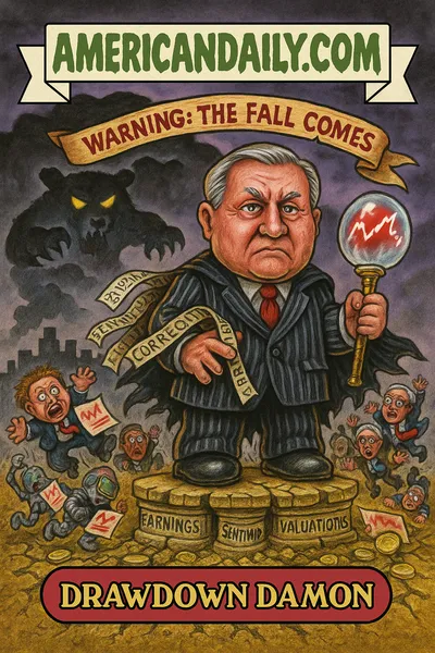 Grotesque parody trading card: a pinstriped prophet stands holding a red-chart orb showing plunges ("-30%"), wearing a ticker-tape cape. Around him, traders and robots flail or fall. In the sky looms a bear storm cloud, and broken pillars labeled "Earnings," "Valuation," "Sentiment" lie crushed. Top banner "AMERICANDAILY.COM."