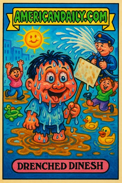 A Garbage Pail Kids-style card of Drenched Dinesh, a protestor soaked by a water cannon, dancing in puddles with a soggy sign, surrounded by other playful protestors.