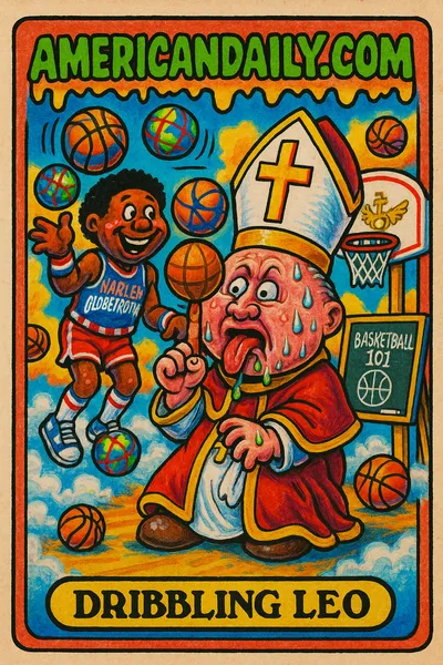 A grotesque Pope Leo, with an oversized head and distorted features, attempts to spin a basketball with help from a gangly Harlem Globetrotter. Basketball chaos in a divine setting.