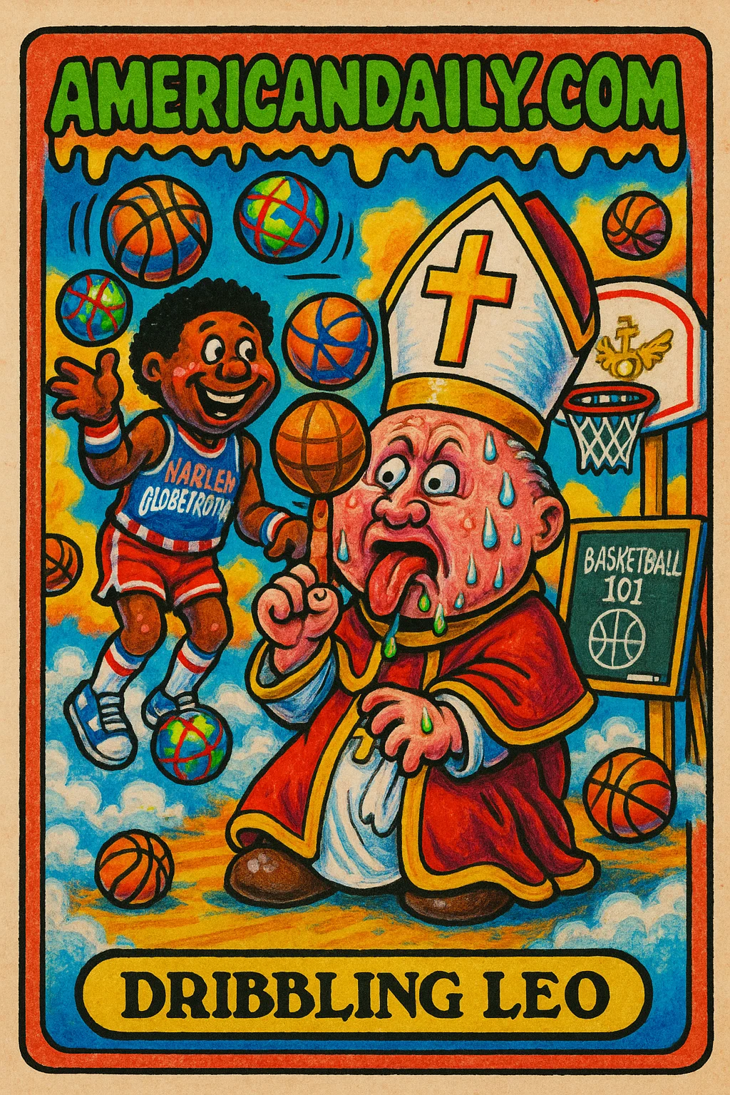 A grotesque Pope Leo, with an oversized head and distorted features, attempts to spin a basketball with help from a gangly Harlem Globetrotter. Basketball chaos in a divine setting.