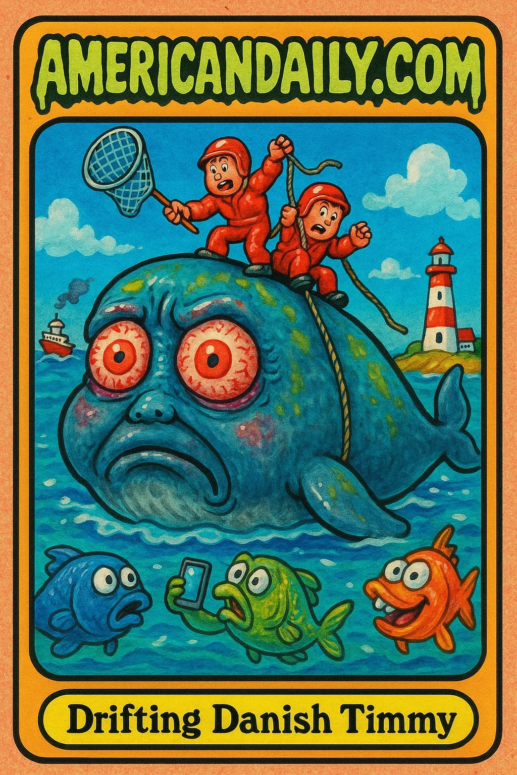 A grotesque cartoon humpback whale named 'Drifting Danish Timmy' with exaggerated panic-stricken rescuers clumsily atop, in a comical depiction of a failed rescue operation.