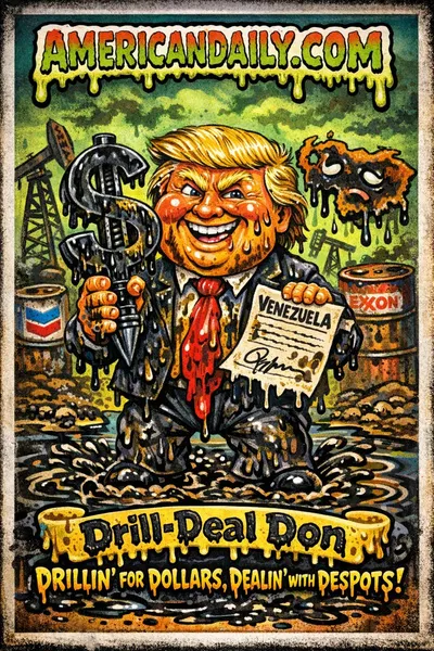 Grotesque cartoon trading card showing Donald Trump as an oil-soaked dealmaker standing in black crude oil with oil rigs and a sinking Venezuela map, in a Garbage Pail Kids parody style.