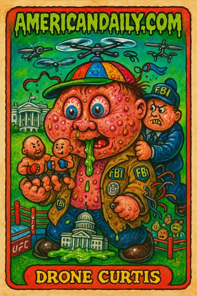 A grotesque trading card featuring 'Drone Curtis', a nerdy character tangled in drone propellers with exaggerated features, set against a chaotic White House UFC scene.