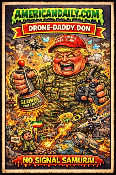 Cartoon Garbage Pail Kids-style scene of Trump as a war machine operator with a "GLOBAL TROUBLE BUTTON," surrounded by cartoon drones and jets over tiny protest scenes, symbolizing possible U.S. military action amid global conflict.