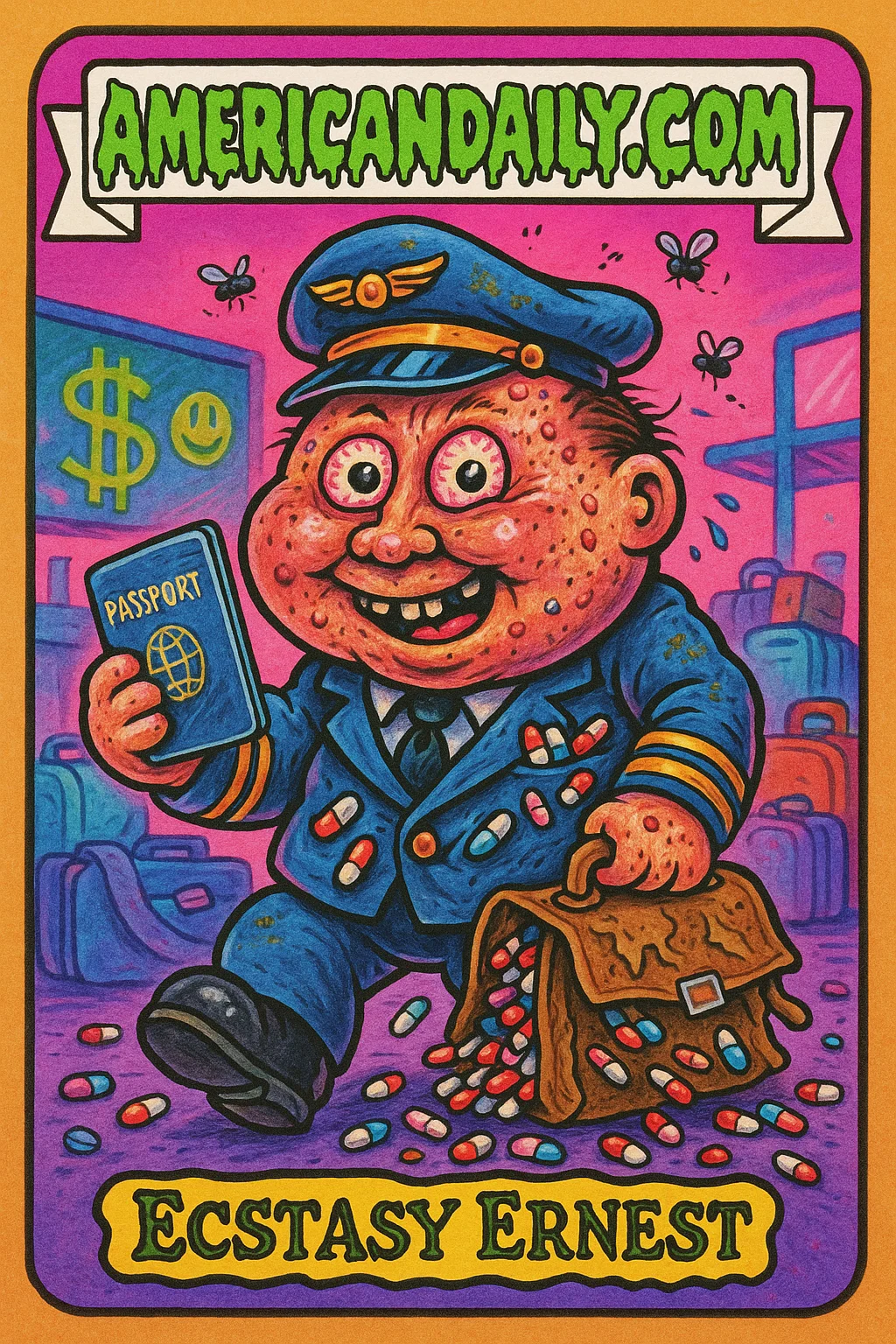 A cartoonish trading card depicts 'Ecstasy Ernest'-a grotesque pilot with an exaggerated grimy uniform, bulging pockets and suitcase spilling pills, in a chaotic airport scene.