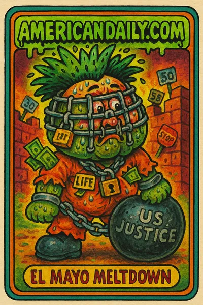 A satirical caricature of the cartel leader Ismael Zambada in a grotesque Garbage Pail Kids-style as 'El Mayo Meltdown,' with exaggerated prison elements and panic.