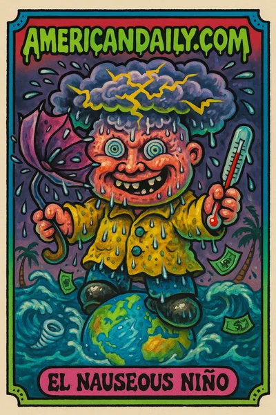 A grotesque cartoon of El Nauseous Niño with storm clouds for hair, holding a wrecked umbrella, embodying chaotic and twisted weather patterns.
