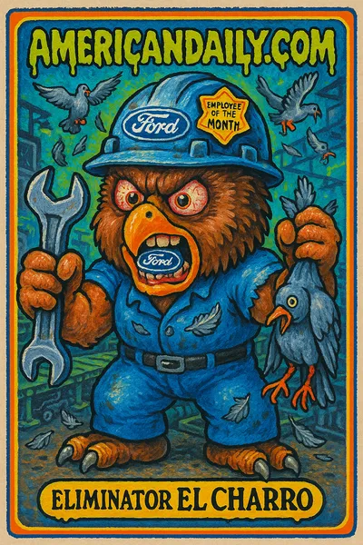 A grotesque hawk with human features named 'Eliminator El Charro' holds a tool and pigeon, set in a chaotic Ford factory scene.