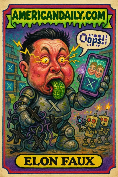 A grotesque caricature of Elon Musk as 'Elon Faux', tangled in digital distortion, holding a warped smartphone in a chaotic tech-factory scene.