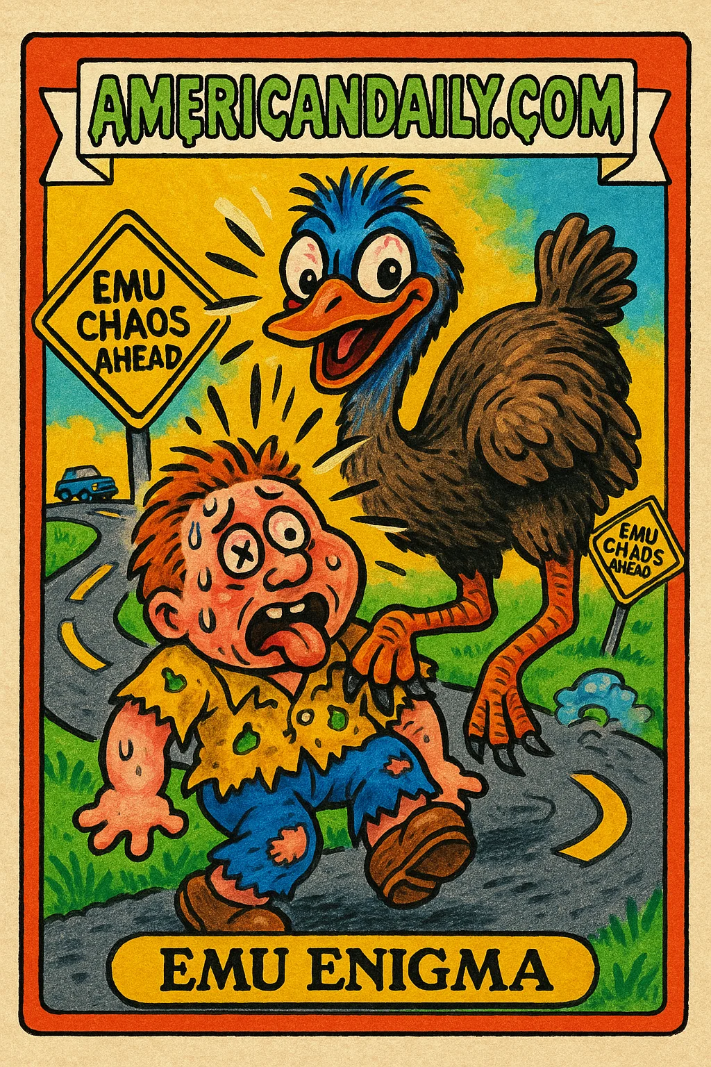 A grotesquely illustrated trading card shows a wild emu dominating a panicked man on a chaotic road, capturing a humorous struggle.