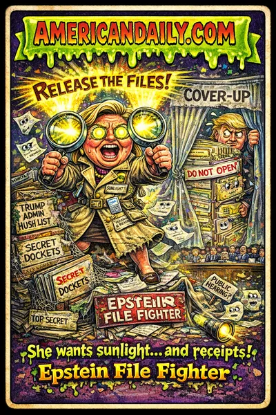 Cartoon trading card with a detective caricature holding glowing magnifying glasses in front of towering stacks of hidden files while a nervous politician hides behind a curtain, with animated file pages and congressional signs in the background.