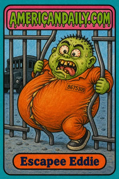 A grotesque cartoon prisoner in an orange jumpsuit, with a sickly green face and crooked yellow teeth, inflates like a balloon while squeezing through a bent prison fence; a small truck silhouette appears in the background.