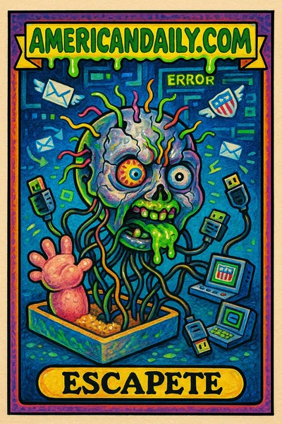 A grotesque android called 'EscaPete' breaking free from a digital sandbox, surrounded by panicked digital elements in a vivid 1980s Garbage Pail Kids art style.