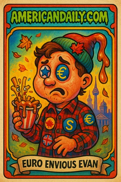 A grotesque Canadian character in a stained flannel with EU and US flag patches, cross-eyed with one eye an EU star, holding animated bickering fries.