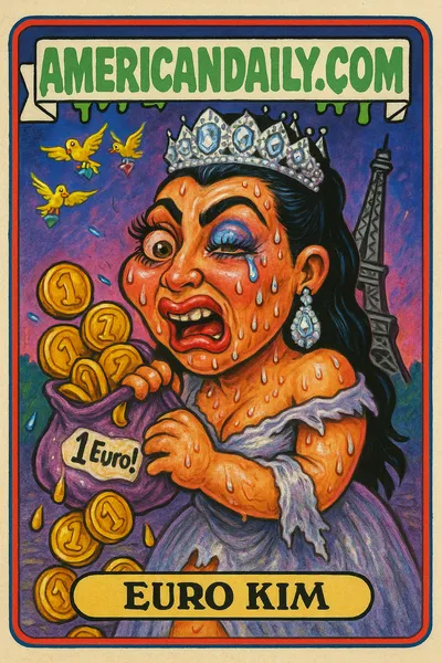 Trading card of 'Euro Kim', a parody of Kim Kardashian with a giant diamond tiara, bulging eyes, and an overflowing euro purse. Eiffel Tower in the background.