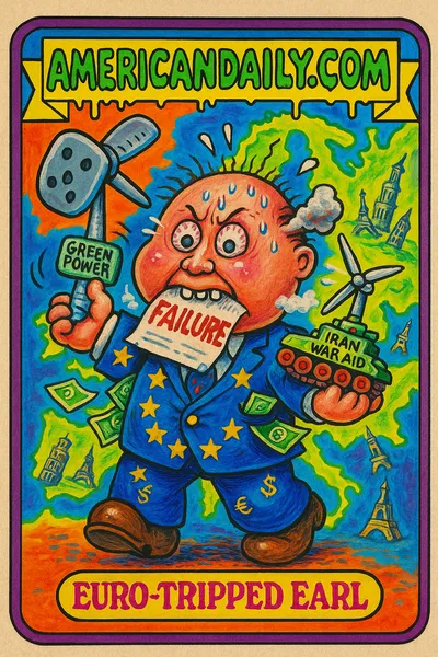 A cartoonishly exaggerated bureaucrat with chaotic features disastrously juggling EU policy failures amid a satirical map of Europe.
