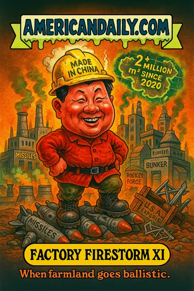 Cartoon trading card showing caricature of Xi Jinping as "Factory Firestorm Xi" wearing a hard-hat, standing on missile casings, surrounded by new factory towers and bunkers growing out of former rice paddies, satellite-image overlay showing mega construction, top banner "AMERICANDAILY.COM", bottom nameplate "FACTORY FIRESTORM XI" with caption "When farmland goes ballistic."