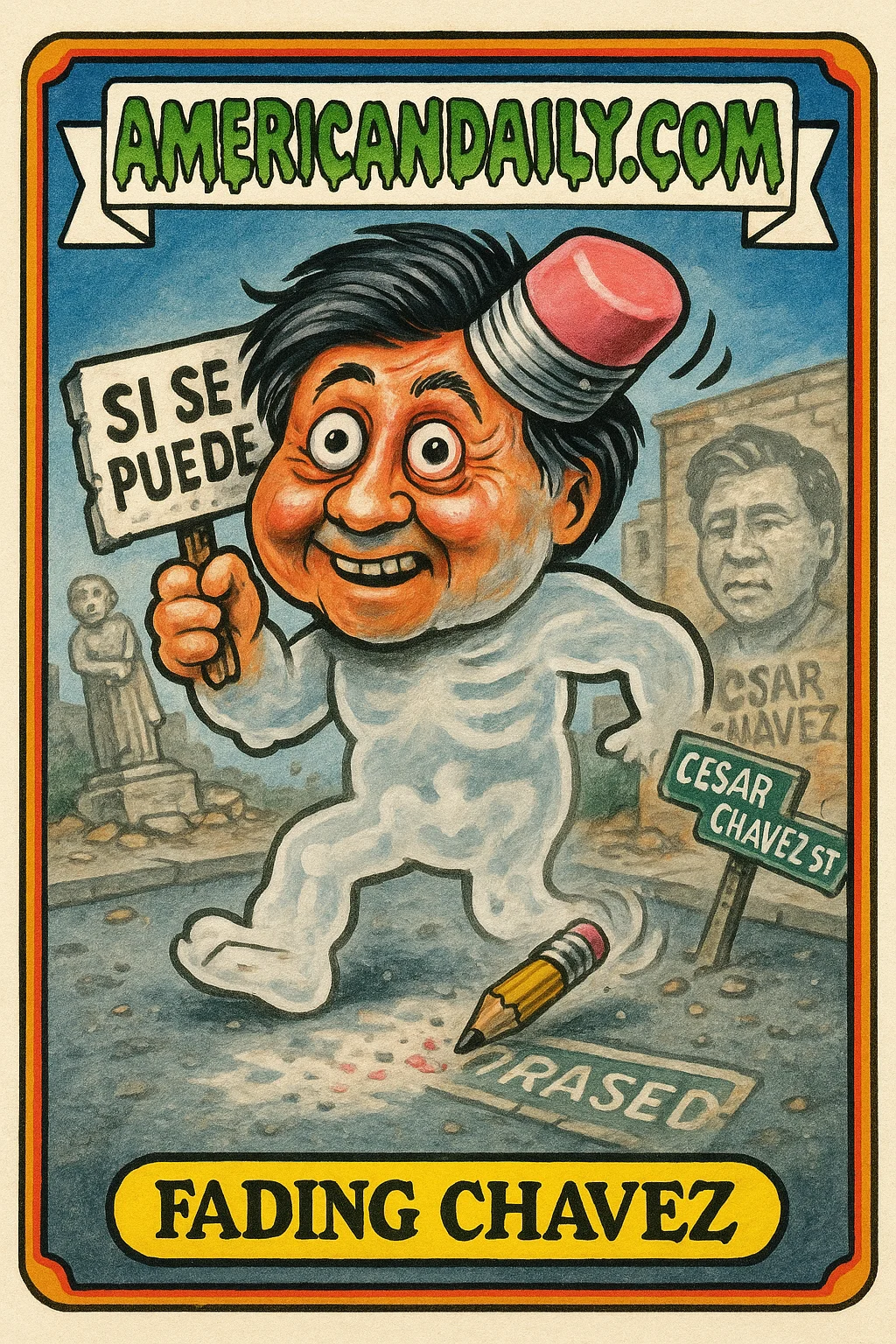 A grotesque, ghostly caricature of César Chávez being erased with a giant eraser head and crumbling sign, set against fallen statues and fading murals.