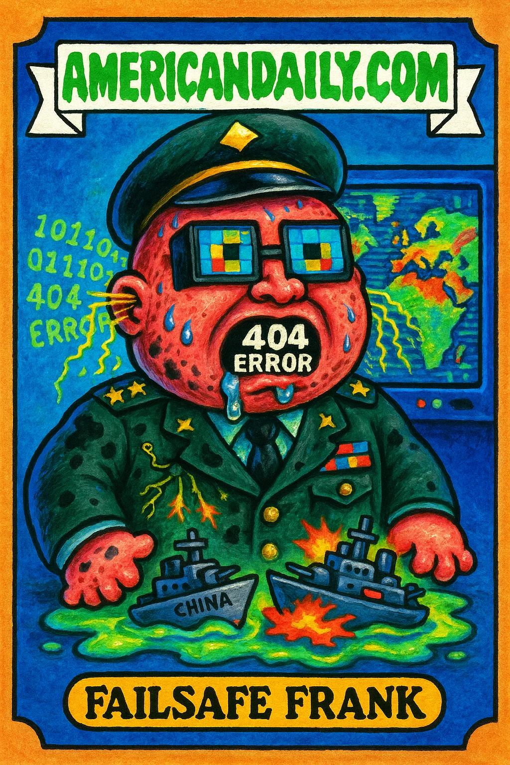 A grotesque trading card featuring 'Failsafe Frank', a malfunctioning military general with a computer-like head, surrounded by chaotic intelligence reports and toy battleships.