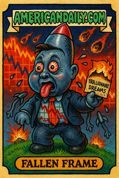 Grotesque parody of Elon Musk with a massive rocket-shaped head, bulging eyes, burned suit, and limp rockets, symbolizing fall from trillionaire status.
