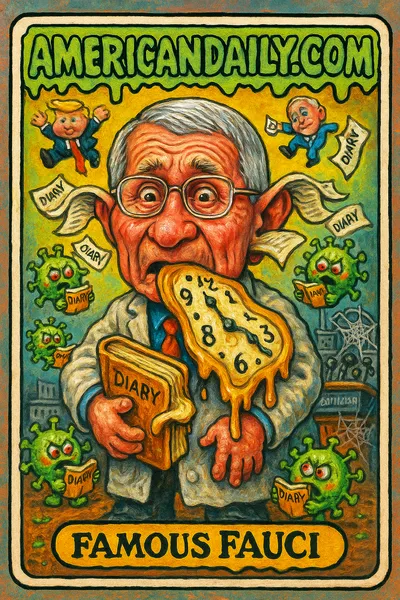 A grotesque caricature of Dr. Fauci with an oversized head, diary pages flowing out, juggling political figures, set in a chaotic, cartoonish backdrop.