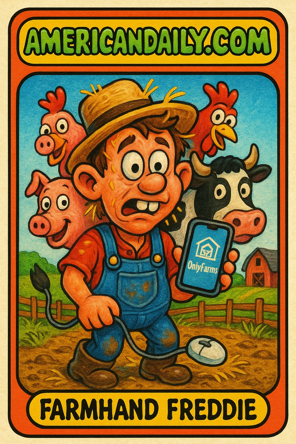 A grotesque cartoon of Farmhand Freddie with an oversized head, buck teeth, and filthy overalls, holding a smartphone with the OnlyFarms logo, surrounded by puzzled farm animals.