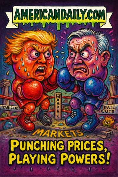 Cartoon gloves with Trump and Powell faces boxing in a ring labeled Markets; ropes labeled Tariffs, Inflation, Rate Cuts; banner AMERICANDAILY.COM; caption Punching Prices, Playing Powers!