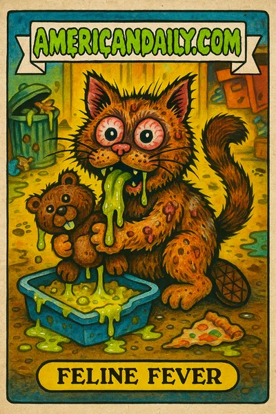 Grotesque cat with oversized eyes and gory sores, holding a drool-covered toy beaver. Background of a messy home with litter box and paw prints.
